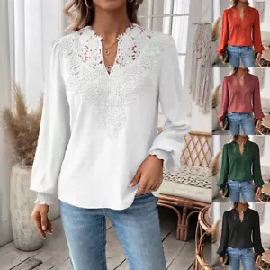 Women Lace V Neck Tunic Tops Ladies Casual Loose Long Sleeve Plain Blouse Shirt - Picture 1 of 22