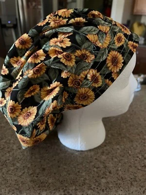 YELLOW SUNFLOWERS ON BOUFFANT SURGICAL NURSES SCRUB HAT BOUFFANT,CHEMO, TECH - Image 1 of 2