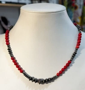 Sterling Silver Red Coral Round Bead Southwestern Ethnic Necklace - Picture 1 of 4