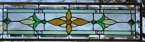 Stained Glass Transom window hanging 28  1/4 x 8  1/2   incl hooks   Brass Frame Cover