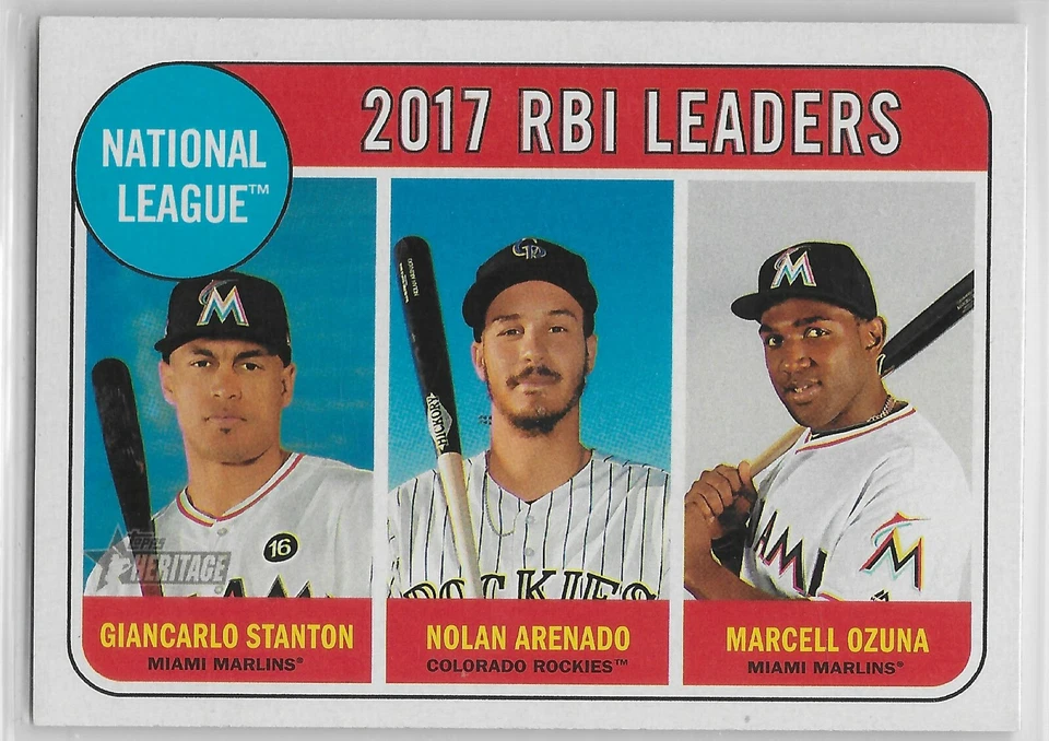 2018 Topps Heritage #4 NL RBI Giancarlo Stanton Nolan Arenado Marcell Ozuna  - Image 1 of 1