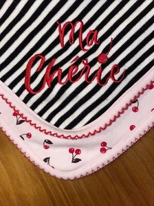 Kate Spade New York Ma Cherie Baby Blanket Cherries Pink Black Stripes Cotton - Picture 1 of 5