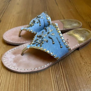 Jack Rogers jean tan leather jeweled thong heel sandals SIZE 8 - Picture 1 of 5
