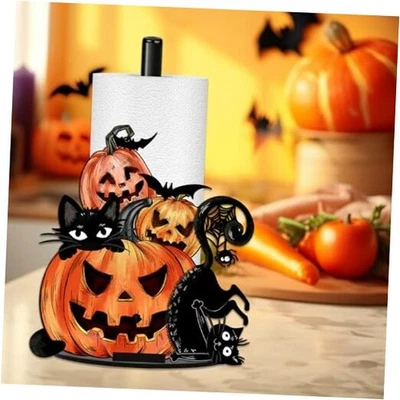 Toallero de papel de Halloween, calabaza aterradora papel gato negro gato y calabaza Foto 1 de 4