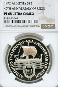 1992 ALDERNEY 40th ANNIVERSARY of REIGN QEII Great Britain SILVER £2, NGC PF68 - Picture 1 of 7