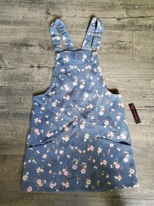 No Boundaries Denim Floral Bib Overalls Dress Size S (3-5) New Stretch Pockets - Picture 1 of 6