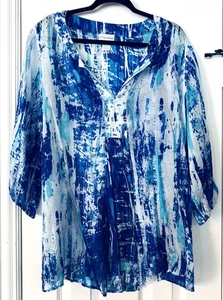 Blusa Soft Surroundings Azul Estampado Abstracto Peso Pluma Seda Cuentas Plus 1X - Imagen 1 de 10