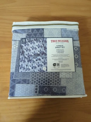Juego de sábanas marca True Religion de 6 piezas con estampado rectangular azul nuevo Foto 1 de 3