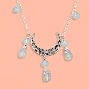 CRESCENT MOON & OPALITE NECKLACE silvertone filigree chain wiccan fairycore V4 - Picture 1 of 3