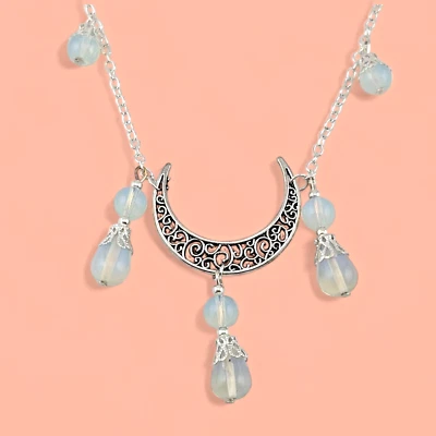 CRESCENT MOON & OPALITE NECKLACE silvertone filigree chain wiccan fairycore V4 - Image 1 of 3