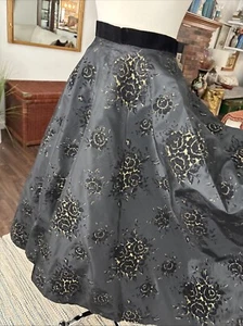 Vintage Black & Gold Taffeta & Velvet Maxi Circle Skirt 26” Waist Rose Flower - Picture 1 of 17