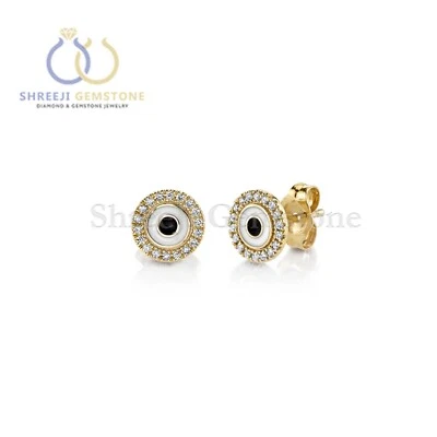 White Enamel & Diamond Small Eye Stud Earrings 14k Yellow Gold Handmade Jewelry - Image 1 of 4