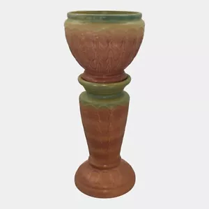 McCoy 1930s Art Pottery Blended Matte Glaze Bell Flower Jardiniere And Pedestal - Picture 1 of 8