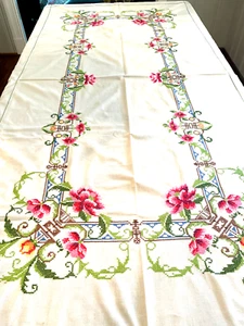 VTG EXCEL GORGEOUS HAND SEWN CROSS STITCH TABLECLOTH ROSES ON TRELLIS 8'4"X5'4" - Picture 1 of 22