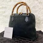 Gucci Suede Bamboo Gold Hardware Black Handbag Size 7.9 inch Authentic