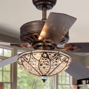 Gliska Rustic Bronze 5-blade Lighted Ceiling Fan with Crystal Shade with Remote - Picture 1 of 8