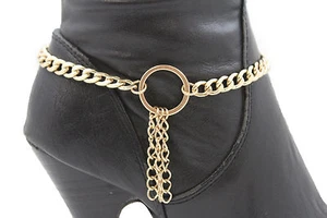 New Women Fashion Boot Bracelet Metal Chains Gold Fringes Ring Anklet Shoe Charm - Picture 1 of 12