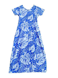 Vintage Women’s Handmade Hawaiian Tropical Print Dress Blue White Floral