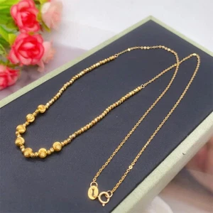 Pure 18K Yellow Gold Chain Women Lucky Carved Laser Beads O Link Necklace - Picture 1 of 6