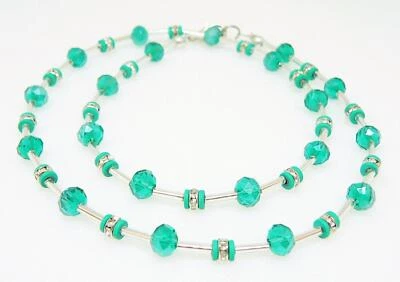 Halskette Collier Glas Rondelle facettiert Hämatit matt Strass Grün Smaragd 550e - Bild 1 von 4