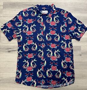 Hey There Sailor Shirt Mens M Button Up Mermaid Pin Up Navy 4th Dimension