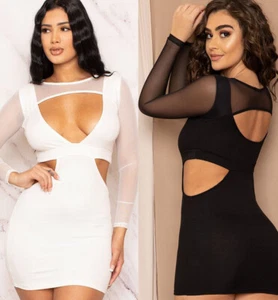 New Women Mesh See Through Cut out Mini Dress Night Out Party Club Wear - Picture 1 of 9