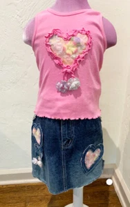 New JM Girl's Pink Silk Flower Heart T Shirt Top & Blue Jean Skirt Set Size 7 - Picture 1 of 1
