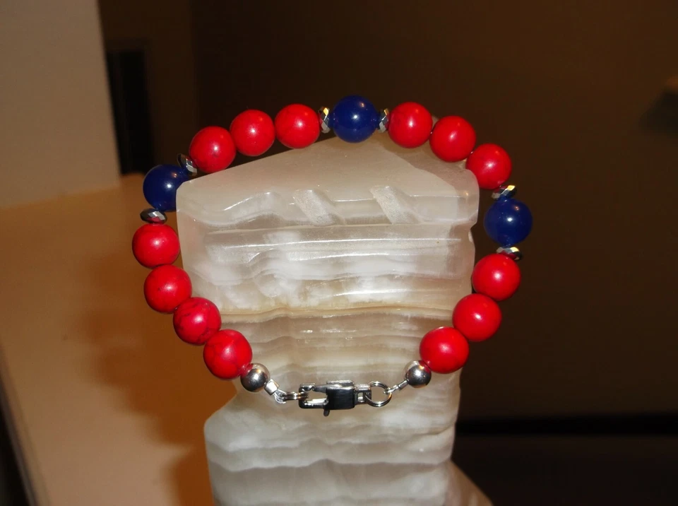 PULSERA HOMBRE 8 1/2" 10 MM ROJO/ÓXIDO TURQUESA Y AZUL JADE CUENTAS  Foto 1 de 1