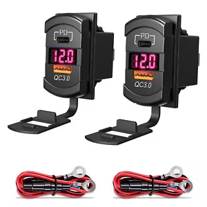2x 36W USB/Type-C+PD Rocker Switch 12V Charger Voltmeter RED LED For Boat Car - Picture 1 of 8