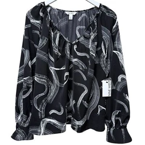 NINE WEST Womens Top Size Large Black White Print Blouson Peasant Blouse NWT - Picture 1 of 11