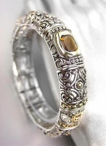 NEW Designer BALINESE Silver Gold Filigree Smoky Brown Crystals Stretch Bracelet - Picture 1 of 4