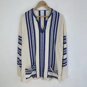 VTG 1970s Kaftan Tunic White Blue Embroidered Greek Handmade 70s Woven Cotton - Picture 1 of 24