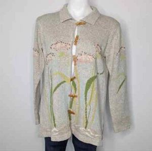 Vintage Nan Hadden cream pink floral button up cardigan sweater M - Picture 1 of 8