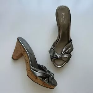 Vintage Y2K Coach Kork Keilabsatz Leder Schleife Sandalen Schuh 7,5 Metallic Silber Preppy - Bild 1 von 7