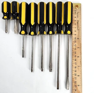 Vtg Stanley USA Screwdrivers 5 Flat Head 3 Phillips Set Yellow Black 80s Tools - Picture 1 of 10