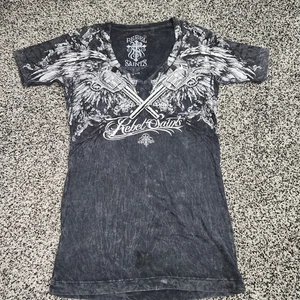 Y2k Rebal Saints Affliction T Shirt,bling Guns,Angel Wings,Open Back Women Sz Sm - Picture 1 of 8