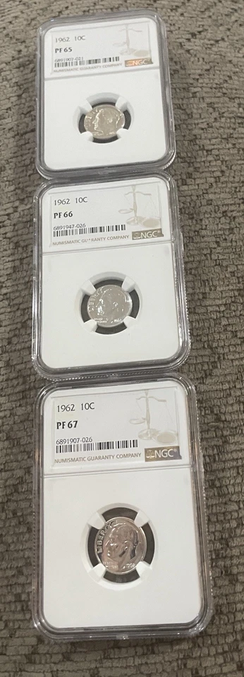 Даймы с изображением Рузвельта 3–1962 10 центов PF65-PF66-PF67 - Изображение 1 из 2