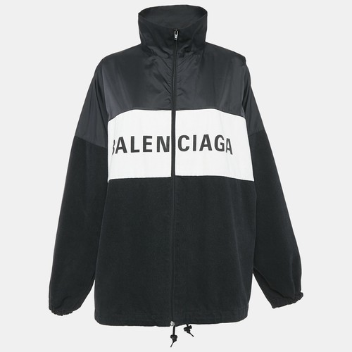 Giacca oversize Balenciaga nera con stampa logo nylon e denim e zip S