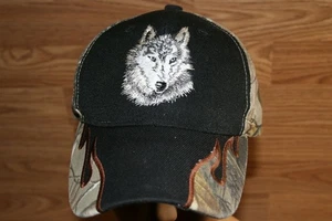 WOLF Camo BASEBALL CAP on BLACK with flames OUTDOOR VTG Embroidered Nice - Picture 1 of 12