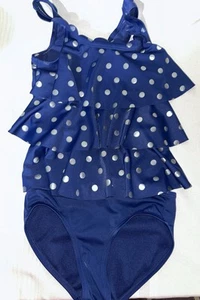 Justice Girls' 2-Piece Swimsuit Size 7 Blue Silver Polka Dots - Picture 1 of 2