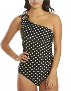 $148 Kate Spade NY Sz XS One-Shoulder/One-Piece Swimsuit Black White Polk-a-dot - Picture 1 of 21