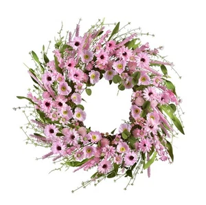 24 Inch Artificial Pink Floral Spring Wreath For Front Door Porch Outdoor Decor - Picture 1 of 9