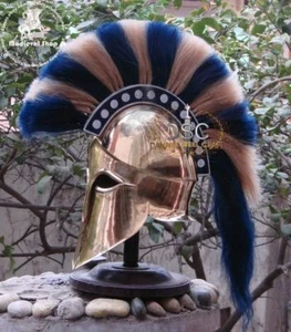Knight Spartan CORINTHIAN Armour Helmet Blue & White Plume With Wooden Stand - Picture 1 of 3