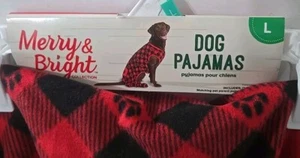 Merry & Bright Dog Holiday Pajamas, Size Large, Red & Black W Pawprints, Flannel - Picture 1 of 4
