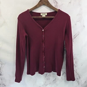 Vintage Eddie Bauer Shirt Womens Medium Red 90s Ribbed Button Up Henley Long  - Picture 1 of 11