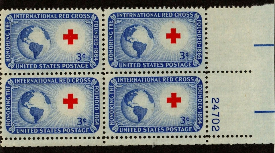 Scott 1016 3¢ Red Cross Plate Block of 4 MNH Free Shipping - Image 1 of 1