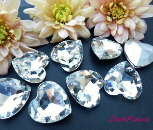10pc 27mm Multi Facet Silver Rhinestone Hearts Point Back Cabochon Embellishment - Picture 1 of 2