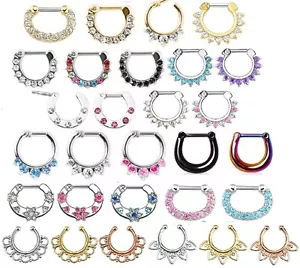 Septum Clicker Nose Daith Rings CZ Gem Nose Piercing 316L Hanger or Fake Clip on - Picture 1 of 12