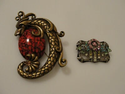 Sweet Romance pins big seahorse red marble stone & abstract crystal & marcasite  - Image 1 of 2