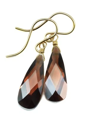 14k Gold Cubic Zirconia Earrings Brown Chocolate CZ Sterling Faceted Long Drops - Image 1 of 4